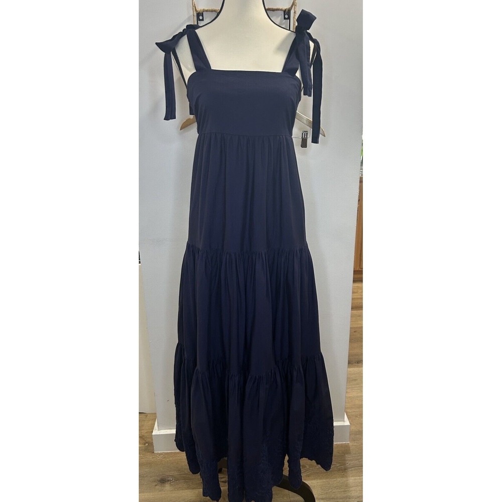 Jason Wu Multi Tier Smocked Bodice Eyelet Maxi Midi Dress Navy Size S Embroidere